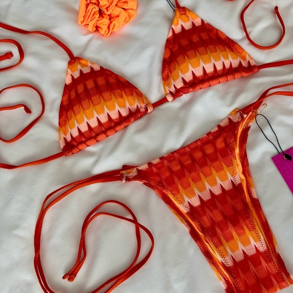 OneOne Swimwear Other - NWT OneOne Swimwear Bikini SET Samana Cay Crochet New Orange Red Knit Zigzag
